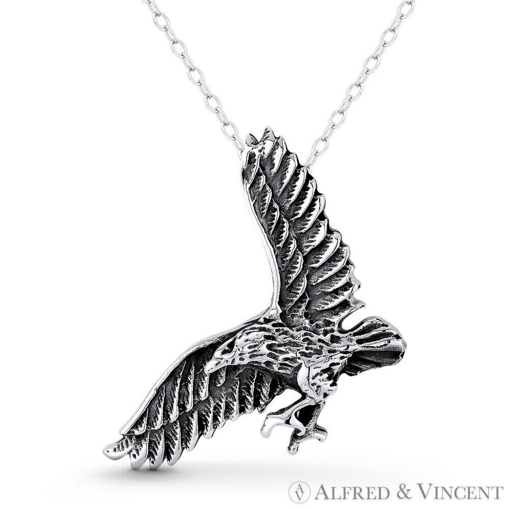 Flying Eagle Spirit Animal Biker Jewelry Charm in Oxidized .925 Sterling Silver